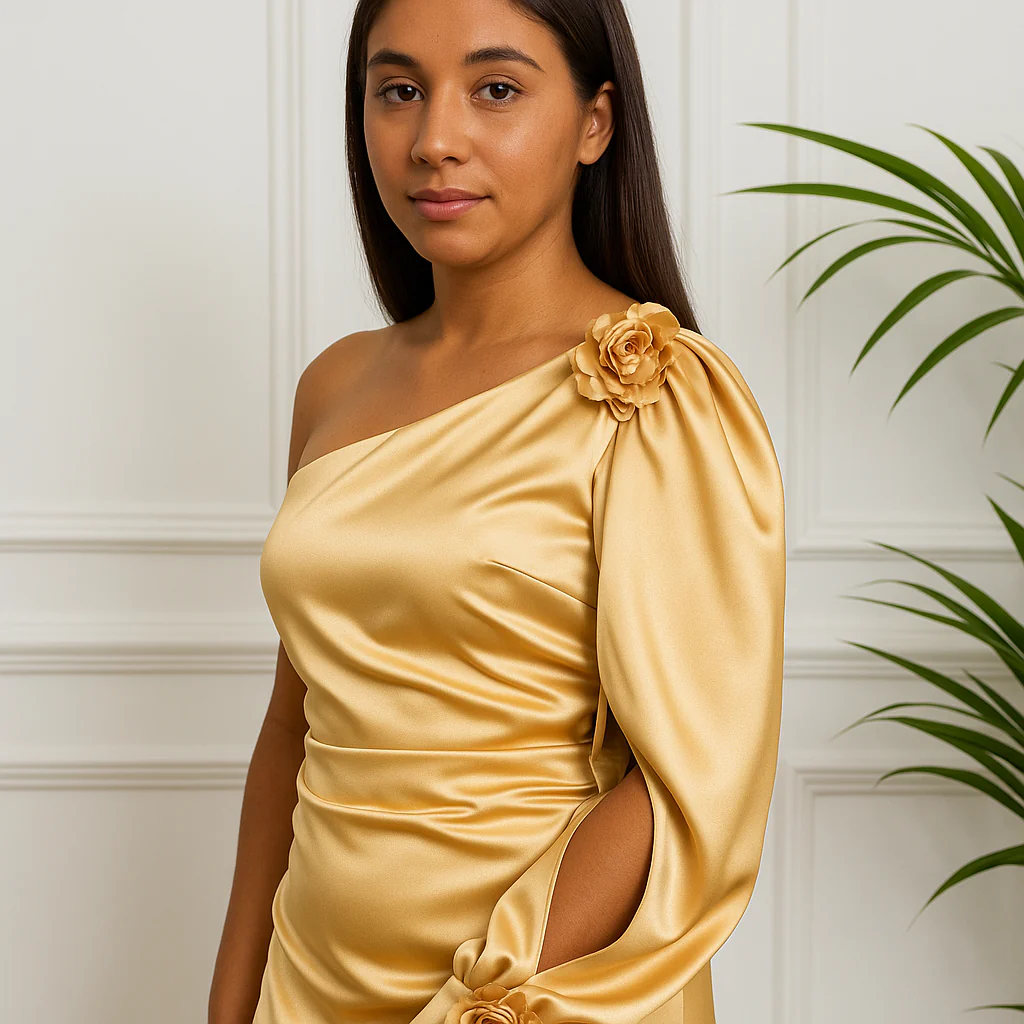 Robe longue satinée à une manche – Dorée – Image 3