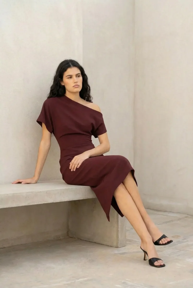 Robe Asymétrique Chic Bordeaux – Image 7