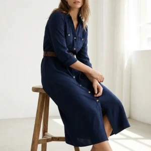 Robe Chemise Longue Bleu Marine Avec Ceinture Tressée