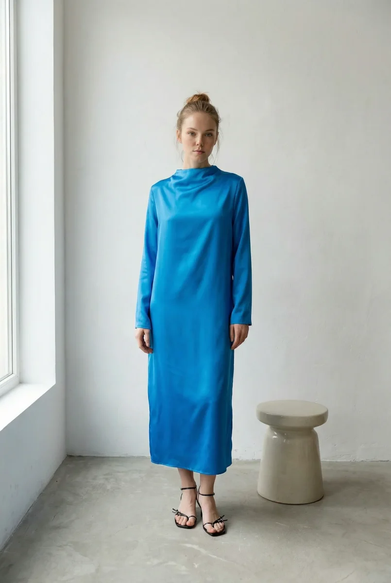 Robe Satin Longue Bleu Électrique Col Montant, Manches Longues, Fente au Dos, Chic et Moderne – Image 4