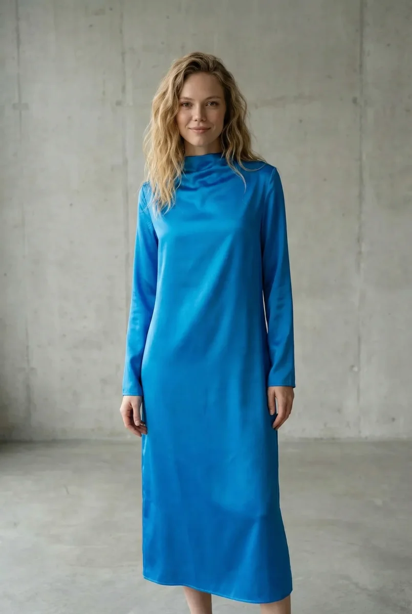 Robe Satin Longue Bleu Électrique Col Montant, Manches Longues, Fente au Dos, Chic et Moderne – Image 2