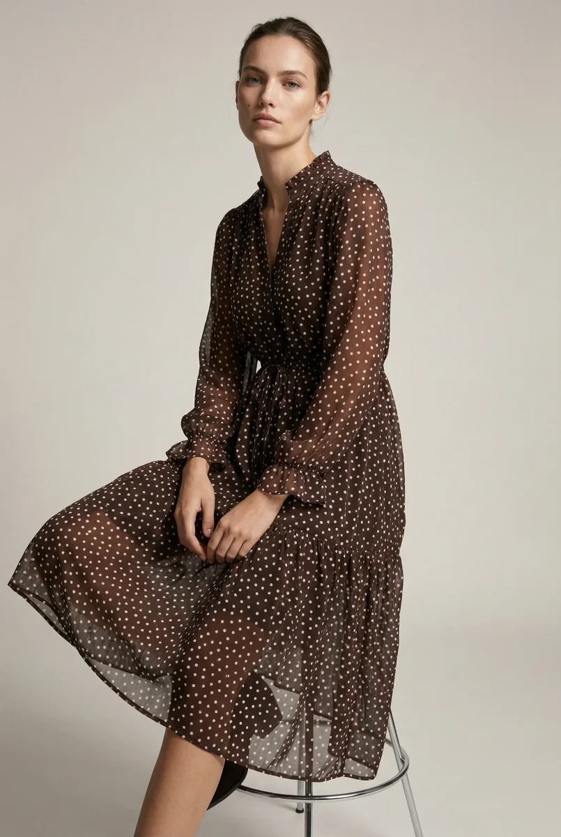 Robe à pois marron – Coupe midi fluide à cordon – Manches longues – Image 6