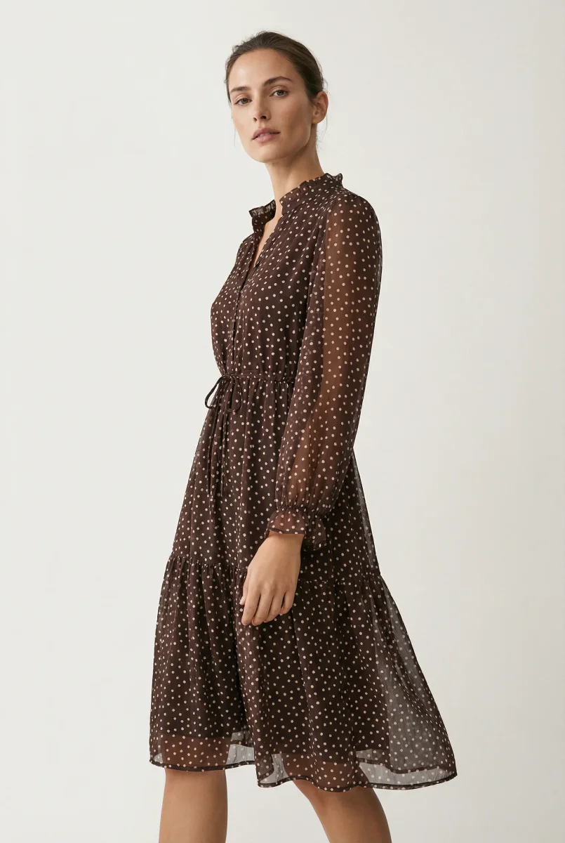 Robe à pois marron – Coupe midi fluide à cordon – Manches longues – Image 3