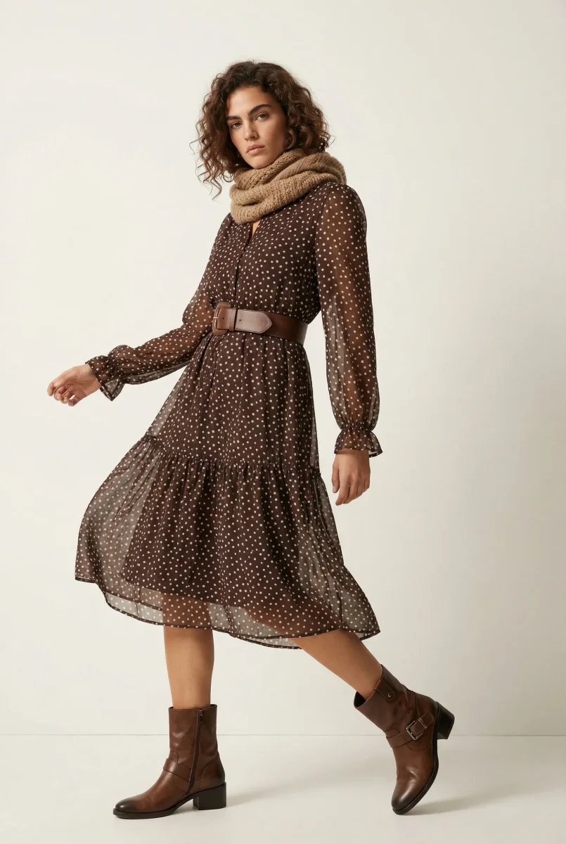 Robe à pois marron – Coupe midi fluide à cordon – Manches longues – Image 5