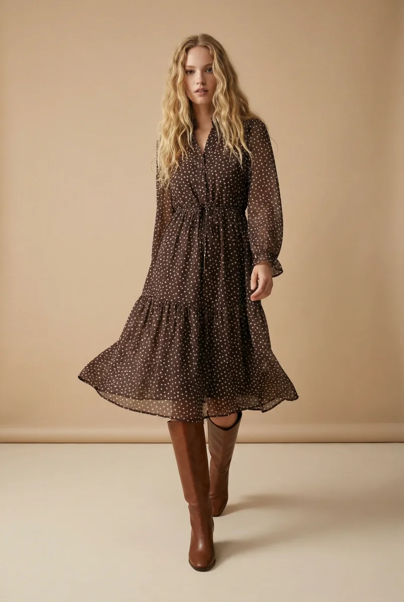 Robe à pois marron – Coupe midi fluide à cordon – Manches longues