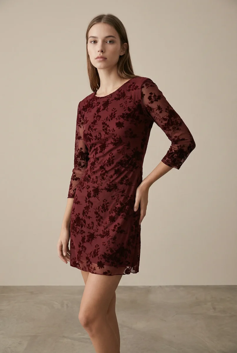 Robe courte dentelle chic manches 3/4 noir bordeaux maille stretch