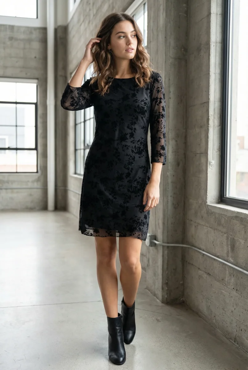 Robe courte dentelle chic manches 3/4 noir bordeaux maille stretch – Image 9