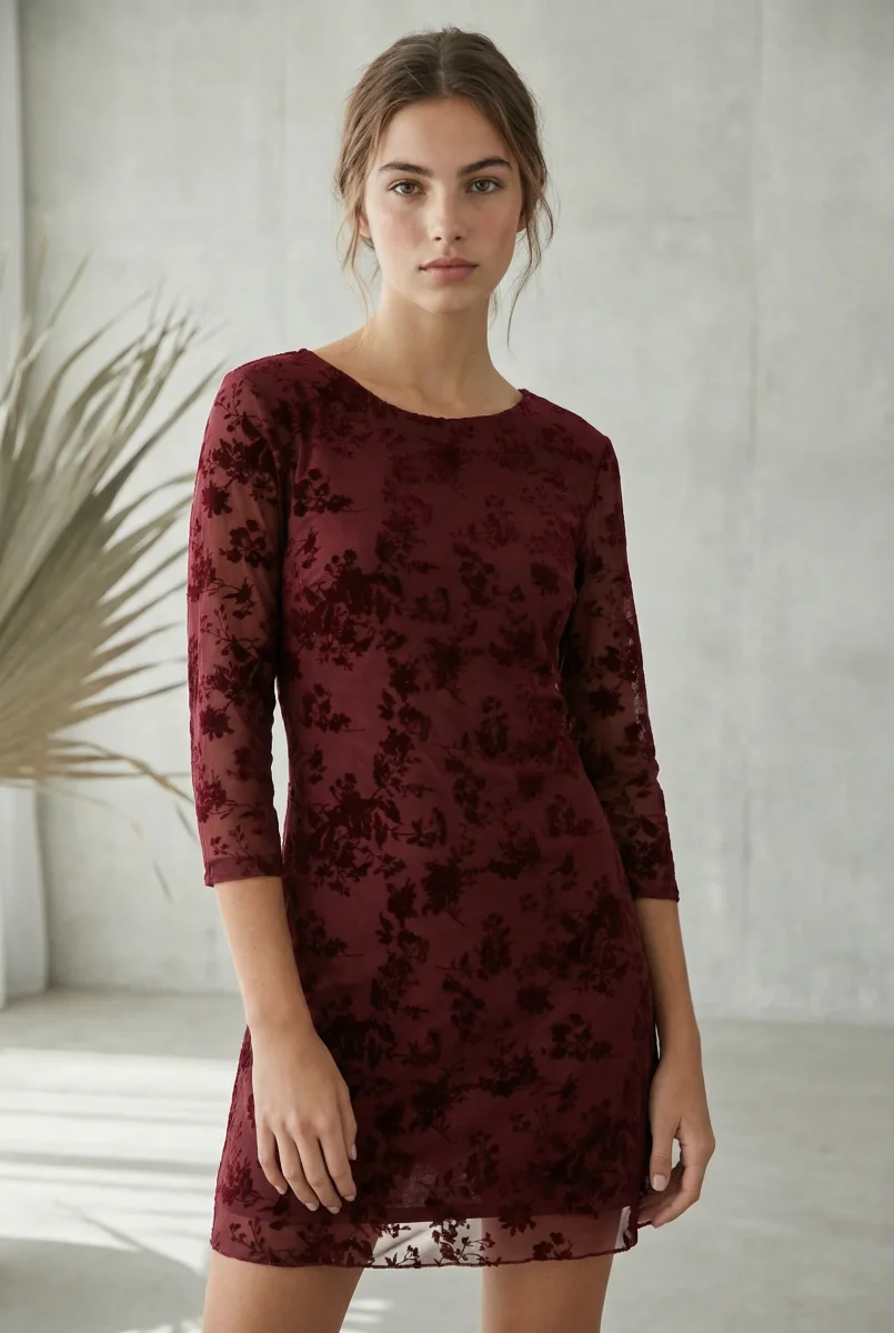 Robe courte dentelle chic manches 3/4 noir bordeaux maille stretch – Image 5