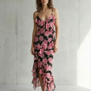 Robe longue Fleurie noir et rose coupe Fluide en tissu léger