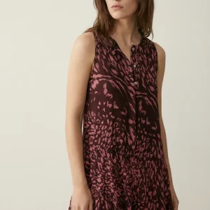 Robe longue imprimée à volants sans manches marron fluide élégante