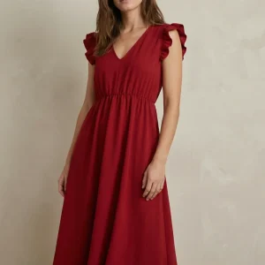 Robe midi fluide V-col sans manches taille élastique