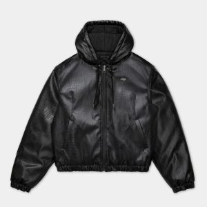 Blouson noir à capuche effet crocodile