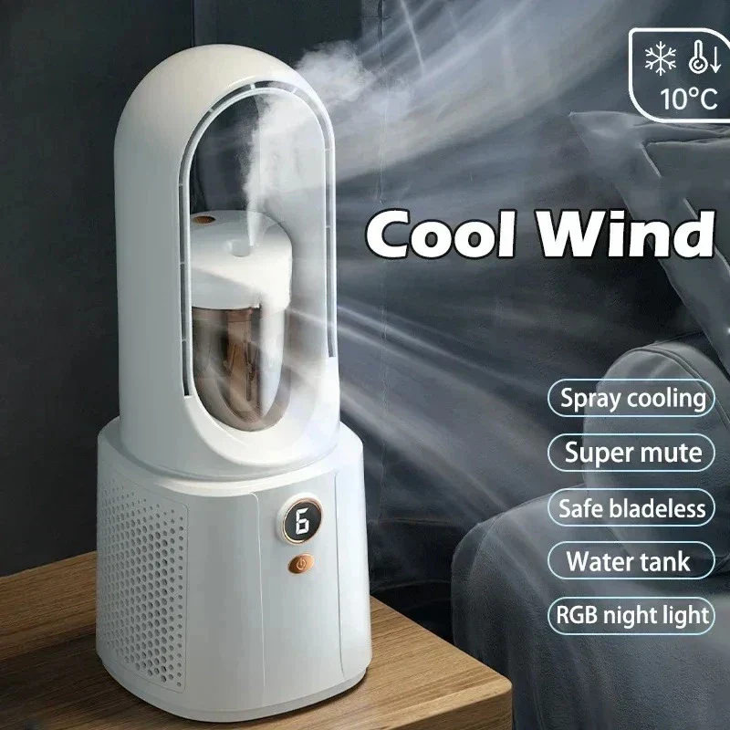 Ventilateur de chambre à coucher sans feuilles avec refroidissement par pulvérisation & veilleuse - Mini-refroidisseur d'air silencieux pour un meilleur sommeil en été – Image 3