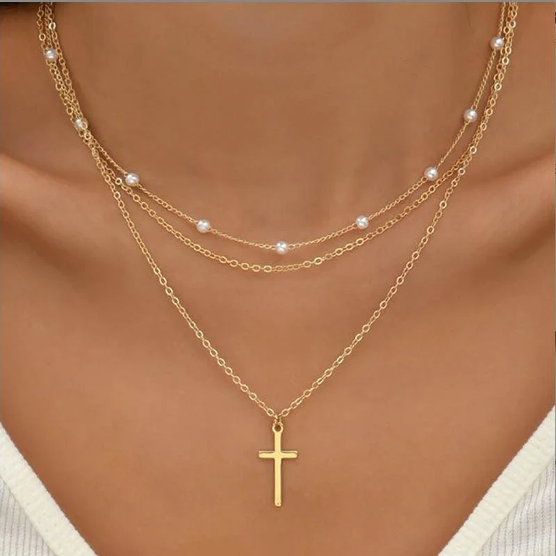 Lily | Collier 3 couches or et argent avec pendentif coeur ou croix – Image 4
