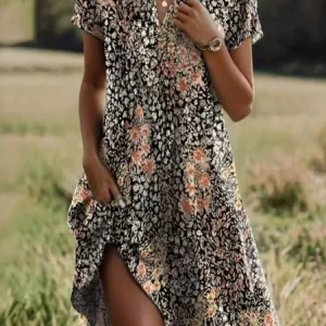 Carla | Robe florale élégante avec col en V, boutons et manches longues pour l'automne