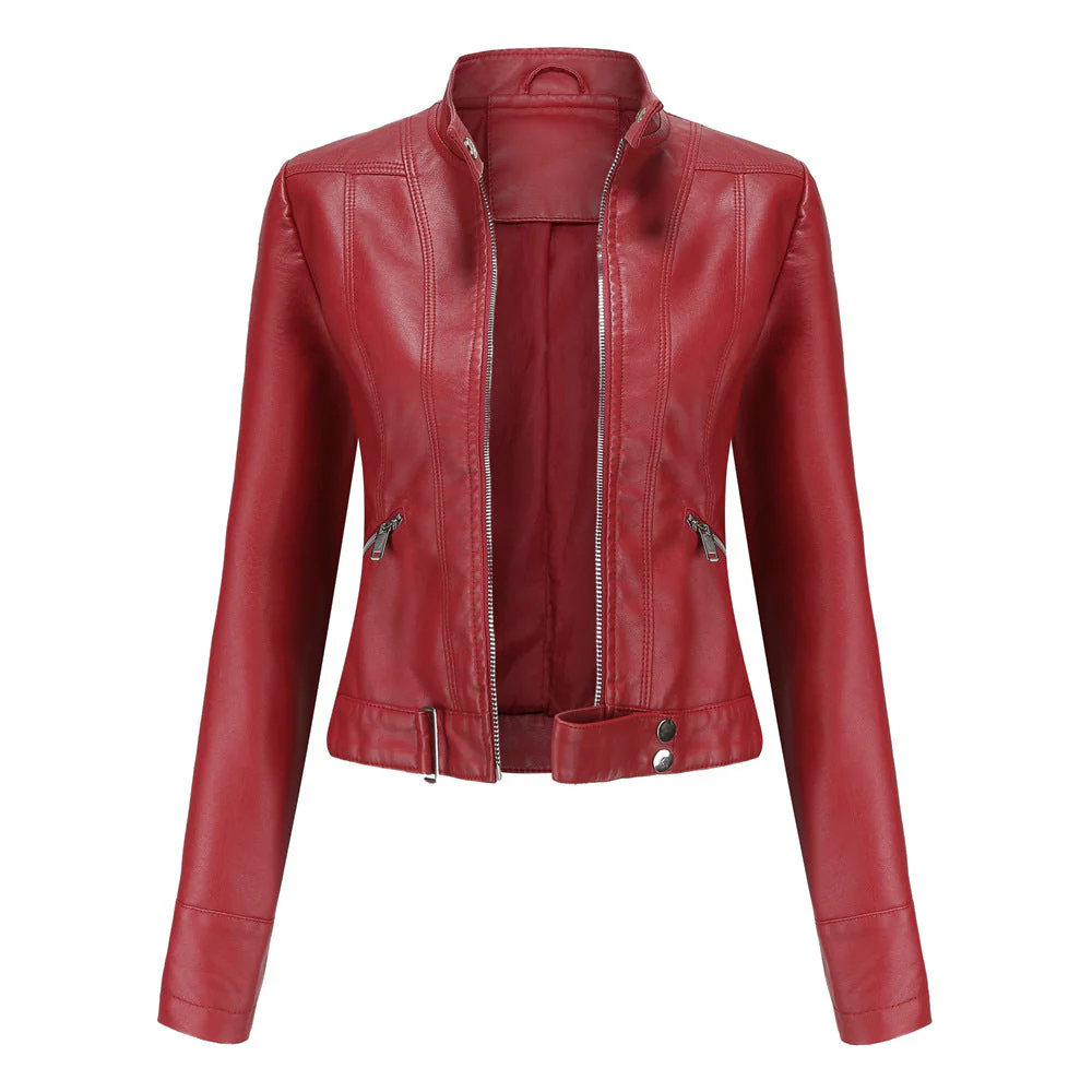 Veste en cuir pour femmes avec fermeture éclair, col montant et ceinture - Édition Automne – Image 6