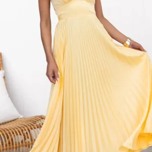 Aby™ – Robe maxi plissée jaune à décolleté en V pour briller avec élégance