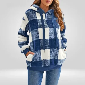 Pull à capuche pour femme - Maille douce - Coupe décontractée - Demi-zip - Motif à carreaux - Avec capuche