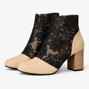 Bottines à talon bloc pour femme avec empiècement dentelle florale et mesh transparent