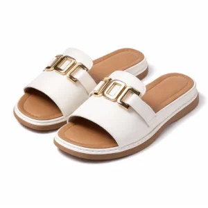 Sandales Femme Plates Ouvertes à Bride Large avec Ornement Métallique Rectangulaire