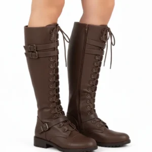 Bottes Hautes Femme à Lacets – Style Cavalier, Fermeture Zip & Boucles Ajustables