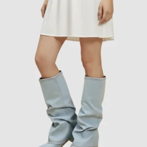 Bottes Hautes en Jean Denim Délavé à Talons Compensés Escamotables