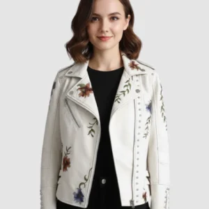 Veste Perfecto Femme en Similicuir Brodé – Blouson Motard à Fleurs et Clous Argentés