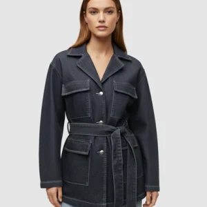 Veste saharienne en denim avec ceinture ajustable et surpiqûres contrastantes