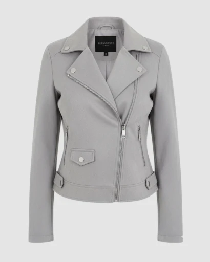 Veste femme style biker coupe ajustée avec fermeture zippée asymétrique et détails métalliques – Image 3