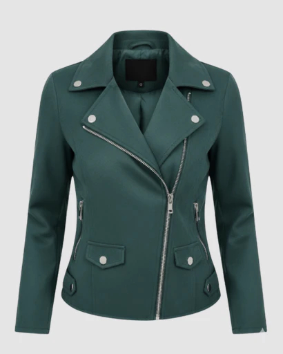 Veste femme style biker coupe ajustée avec fermeture zippée asymétrique et détails métalliques – Image 6