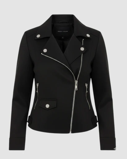 Veste femme style biker coupe ajustée avec fermeture zippée asymétrique et détails métalliques – Image 7