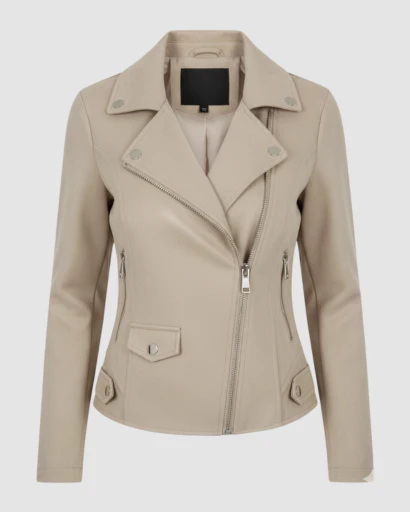 Veste femme style biker coupe ajustée avec fermeture zippée asymétrique et détails métalliques – Image 2