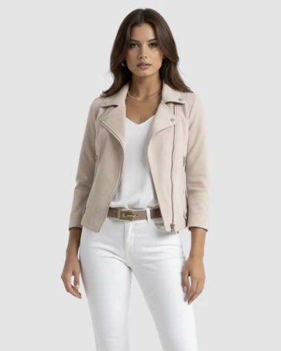 Veste femme style biker coupe ajustée avec fermeture zippée asymétrique et détails métalliques – Image 8