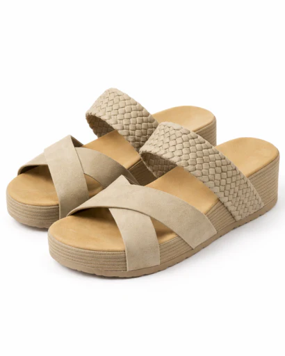 Sandales femme plateforme à brides croisées avec bande tressée et semelle épaisse texturée – Image 5