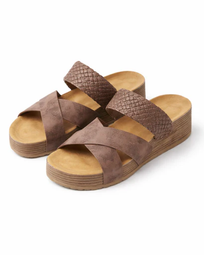 Sandales femme plateforme à brides croisées avec bande tressée et semelle épaisse texturée – Image 2