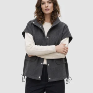 Veste Sans Manches Femme Coupe Droite avec Col Montant et Poches Plaquées