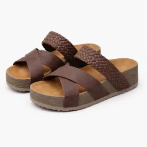 Sandales compensées femme à brides croisées avec bride tressée et semelle épaisse texturée