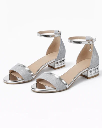 Sandales Femme à Talon Bloc avec Bride Cheville Métallisée et Bride Avant Texturée