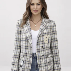 Blazer femme à carreaux coupe droite avec détails appliqués