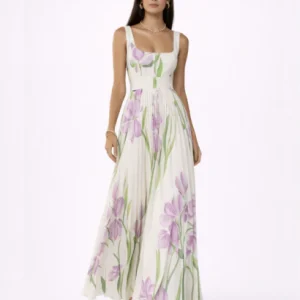 Robe longue fleurie plissée à bretelles larges