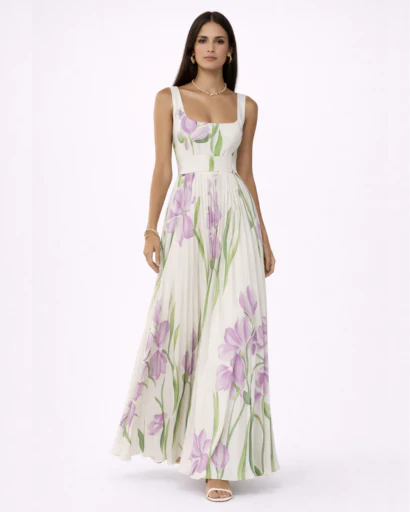 Robe longue fleurie plissée à bretelles larges – Image 2