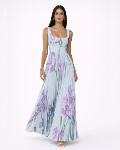 Robe longue fleurie plissée à bretelles larges – Image 6