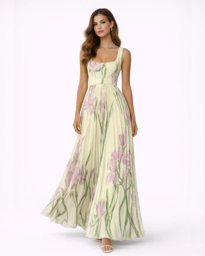 Robe longue fleurie plissée à bretelles larges – Image 5