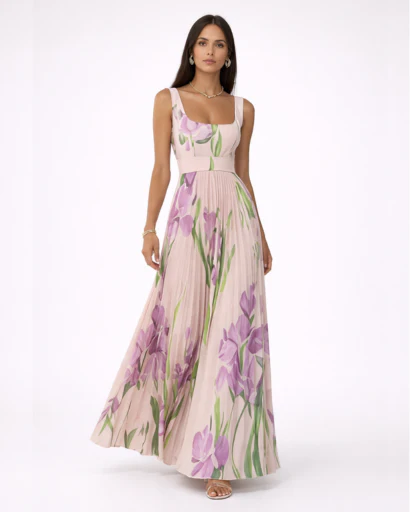 Robe longue fleurie plissée à bretelles larges – Image 3