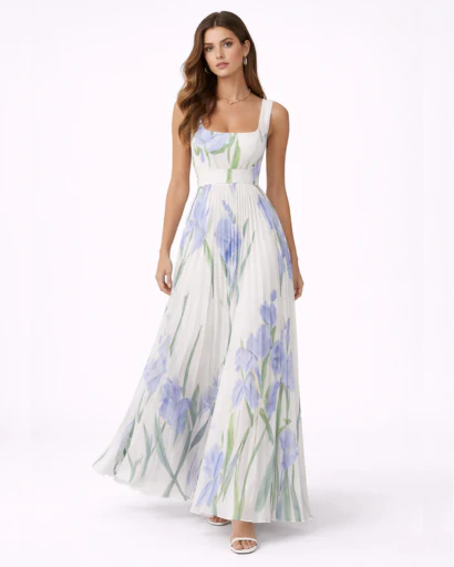 Robe longue fleurie plissée à bretelles larges – Image 4