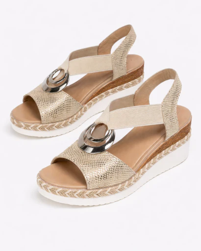 Sandales Compensées Femme à Bride Élastique avec Ornement Métallique