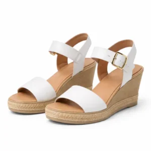 Sandales compensées femme à bride cheville avec boucle et semelle plateforme texturée style espadrille