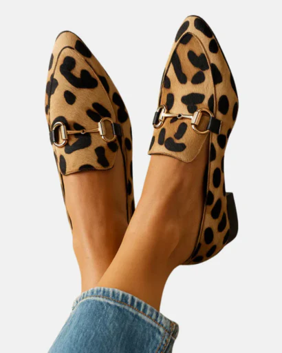 Mocassins Femme à Imprimé Léopard avec Mors Doré et Finition Pony Hair