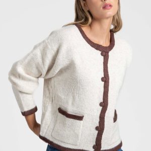 Veste en maille contrastée chic – Coupe droite – Beige ou gris – Maille laine mélangée