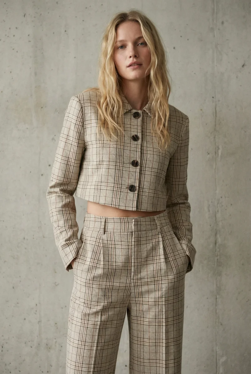 Veste courte à carreaux chic – Image 2